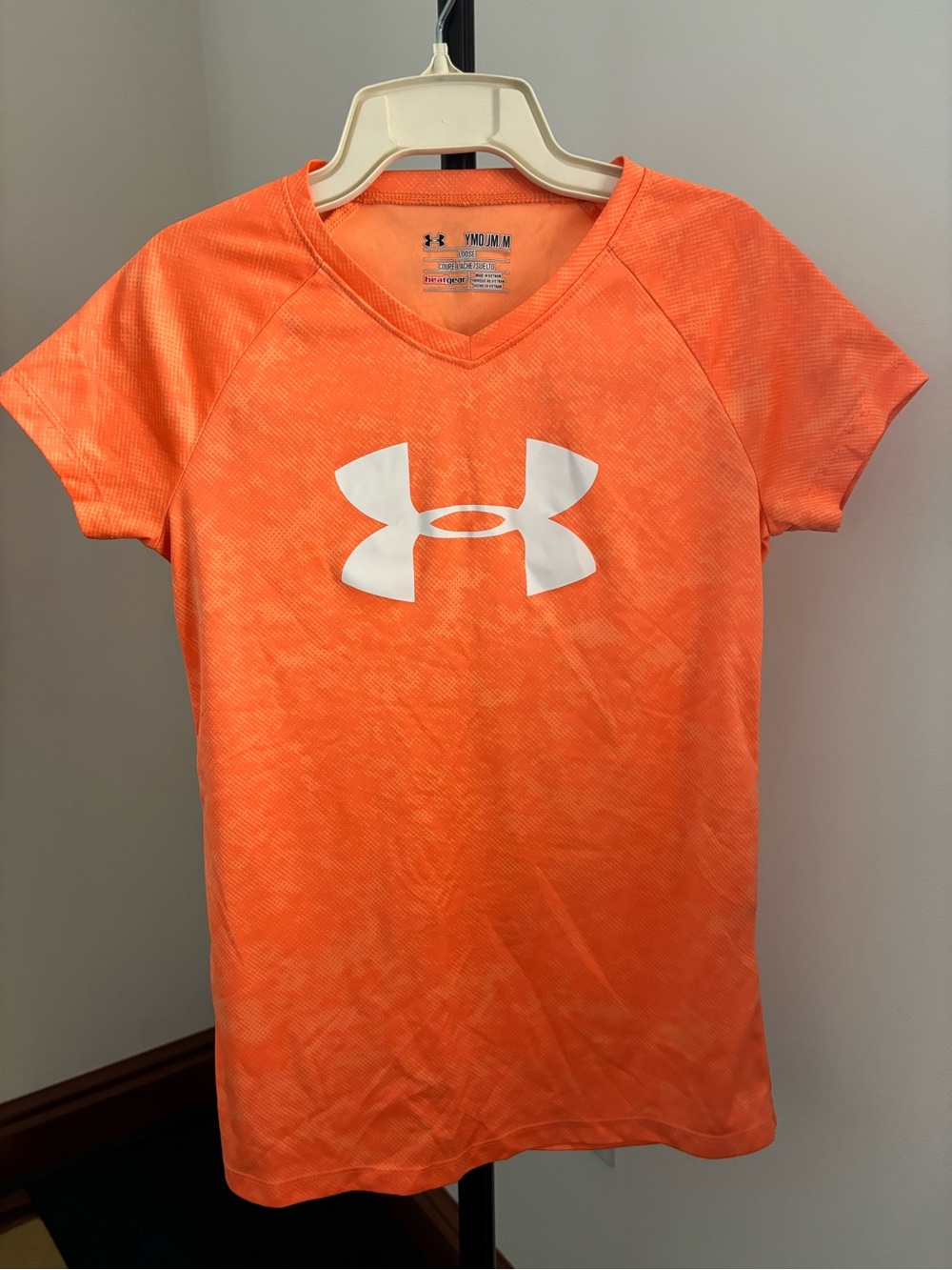 Under Armour Girls Orange V-Neck Performance Tee with White Logo
